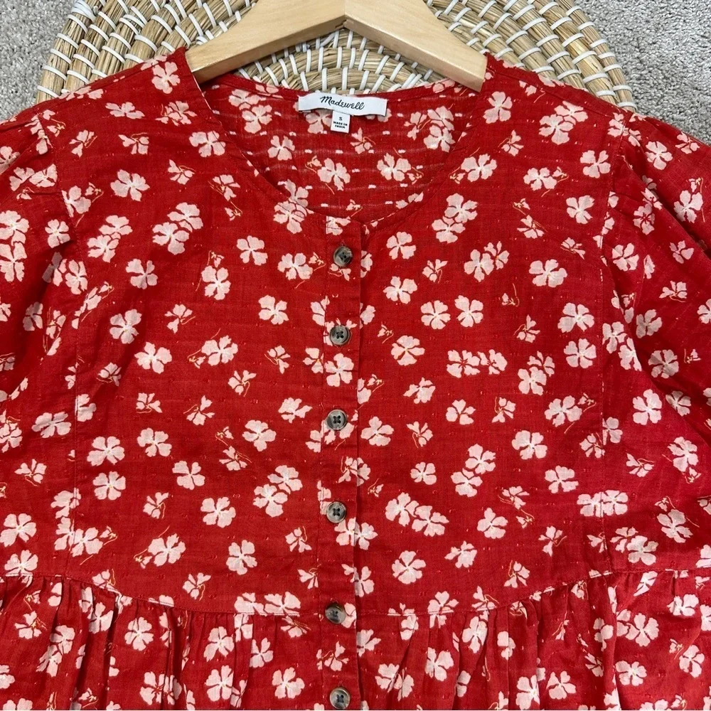 Madewell Puff-Sleeve Button-Front Top in Swiss Dot Happy Aloha Thai Chili Size S